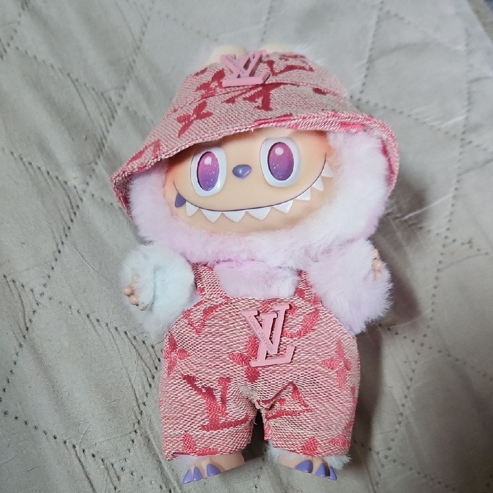 LV Inspired Pink Hat & Overalls For Labubu